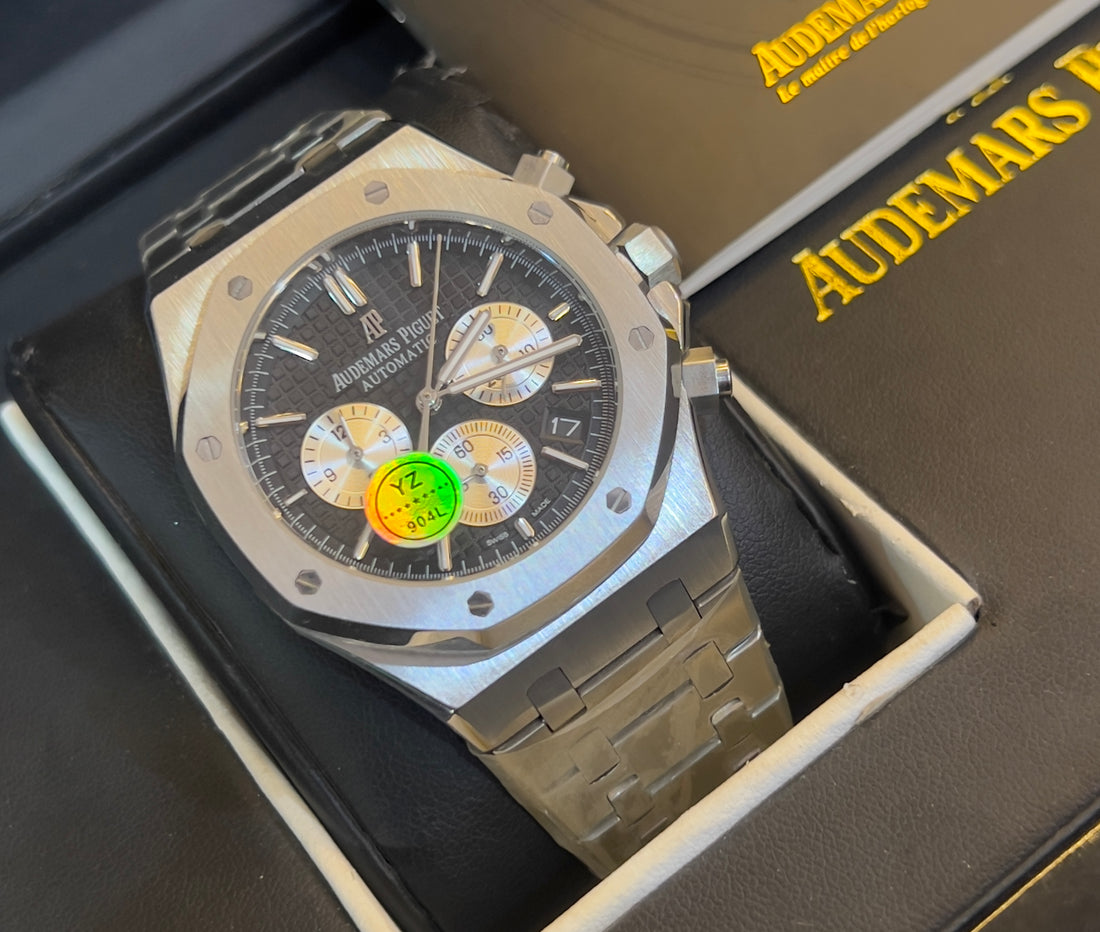 A.P. First copy 💯 Luxury Silver-Tone Automatic Chronograph Watch – Black Textured Dial & Stainless Steel Bracelet