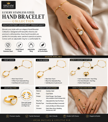 Luxury Hand Bracelet Collection Heart & Star Designs Stainless Steel Gold-Plated Finish Adjustable Ring
