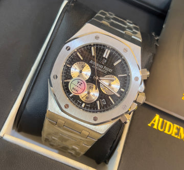 A.P. First copy 💯 Luxury Silver-Tone Automatic Chronograph Watch – Black Textured Dial & Stainless Steel Bracelet
