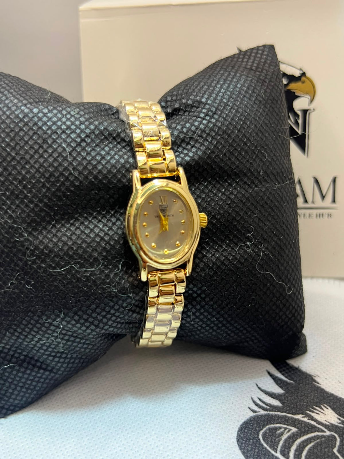 True Worth Ladies Gold-Tone Oval Watch showing champagne dial with gold dot markers and rectangular-link gold bracelet on black pillow