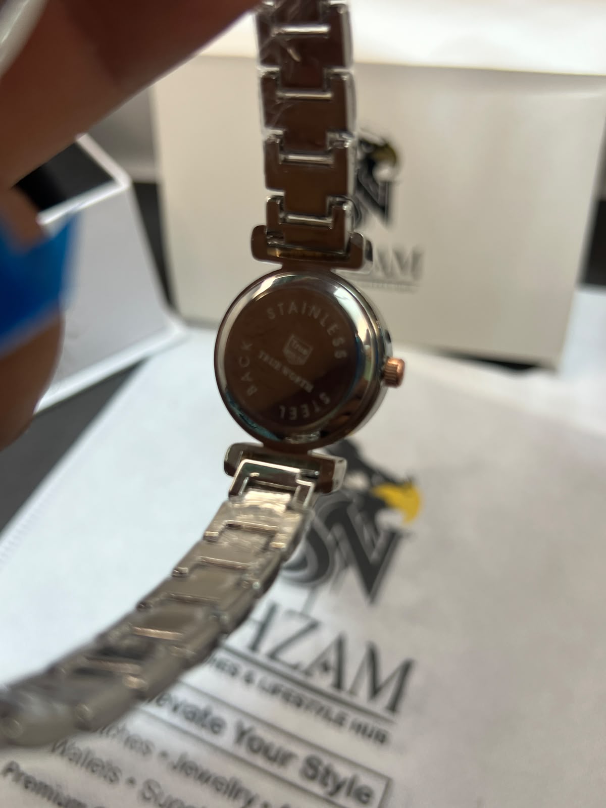 True Worth Ladies Quartz Watch caseback view showing stainless steel construction