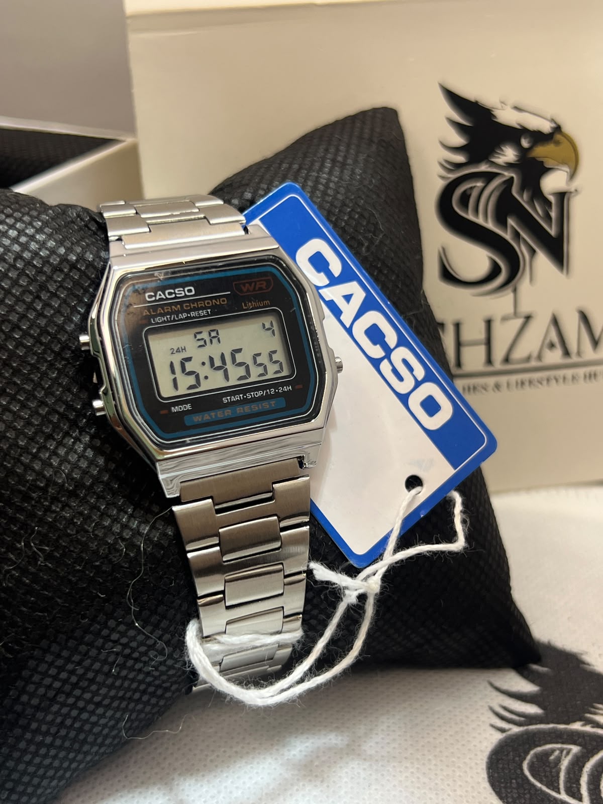 CACSO A158W Retro Digital Watch – Front View with Tag