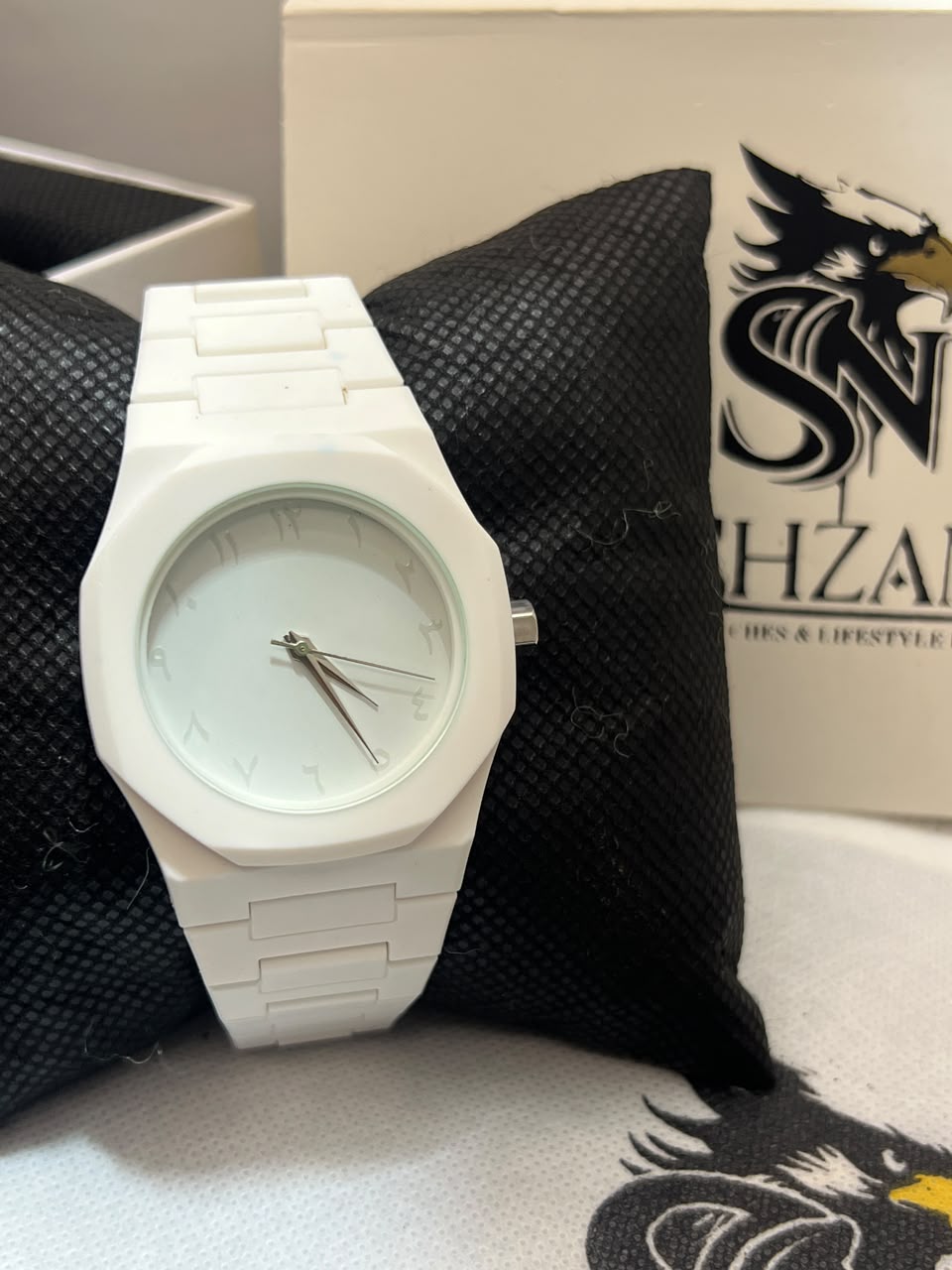 All-White Arabic Numerals Watch – Front View with Shzam Box
