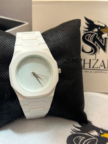 All-White Arabic Numerals Watch – Front View with Shzam Box