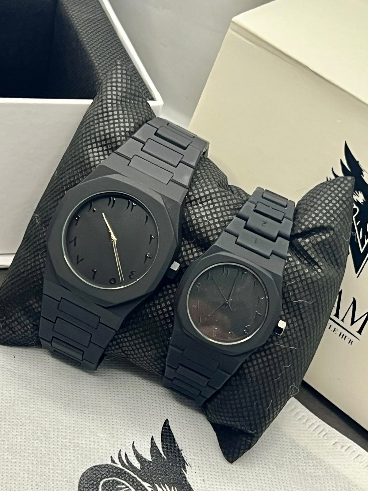 All-Black Arabic Numerals Watch – Couple Set Front View