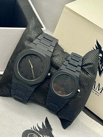 All-Black Arabic Numerals Watch – Couple Set Front View