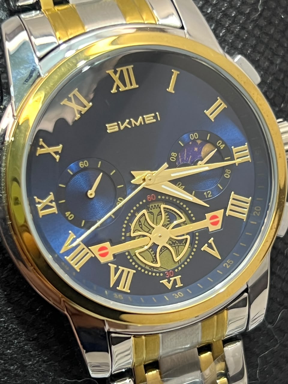 SKMEI 9394 Navy Blue Dial Tourbillon Moon Phase – Front Close-Up