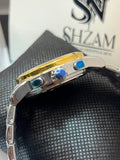 SKMEI 9394 – Side Profile with Blue Cabochon Pusher Buttons & Gold Bezel