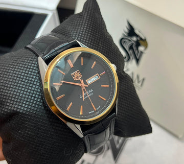 Carrera Style Automatic Watch – Charcoal Dial with Gold Bezel on Wrist