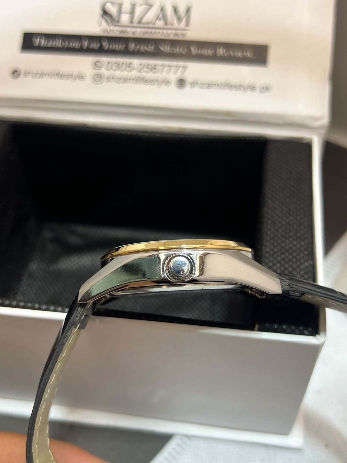Carrera Style Watch – Side Profile with Crown in Shzam Box