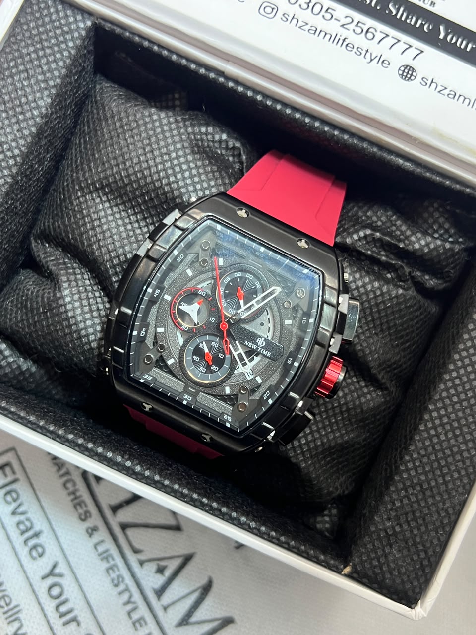 New Time Tonneau Chronograph – All-Black PVD with Red Rubber Strap in Shzam Box