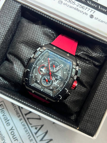 New Time Tonneau Chronograph – All-Black PVD with Red Rubber Strap in Shzam Box