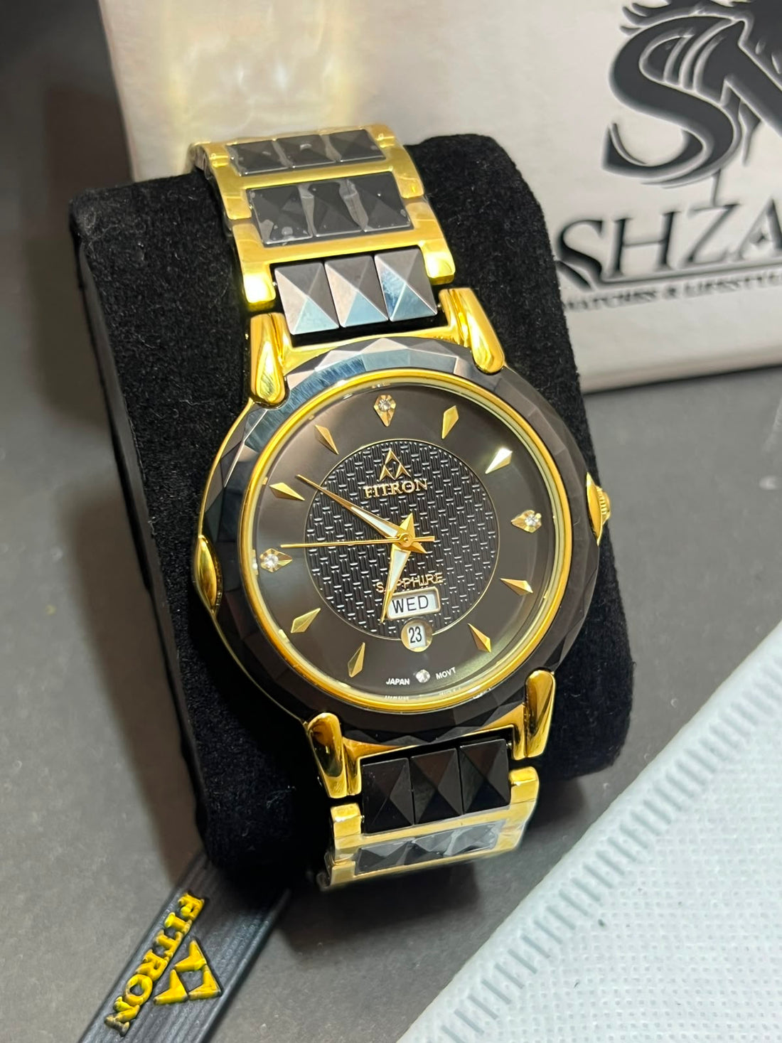 Fitron FT.1915G Front View with Black Ceramic Gold Bracelet and Diamond Indices