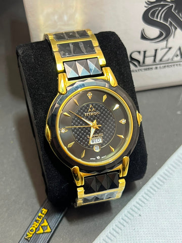 Fitron FT.1915G Front View with Black Ceramic Gold Bracelet and Diamond Indices