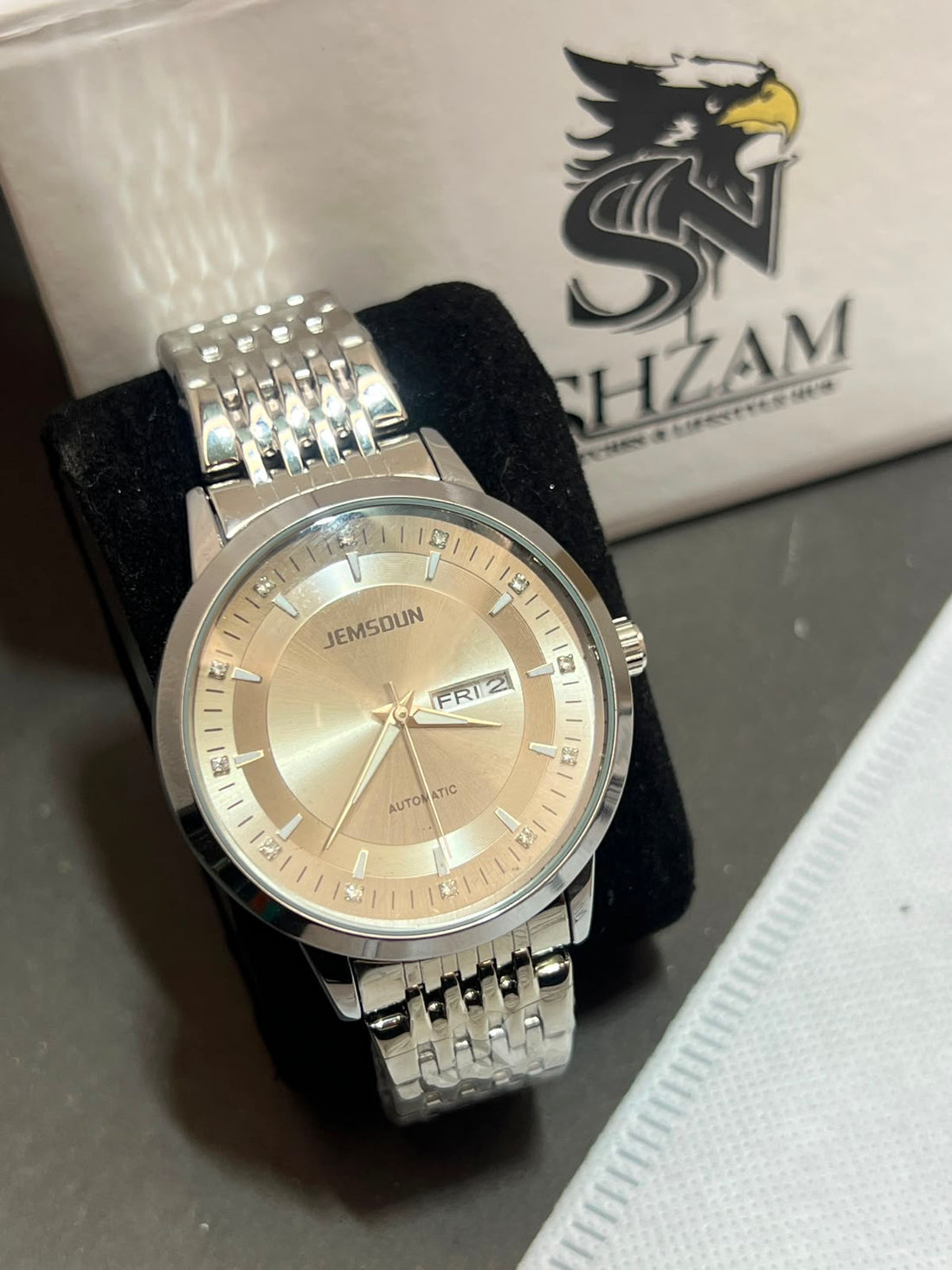 Jemsoun Automatic Champagne Dial with Diamond Indices and Day-Date in Shzam Box