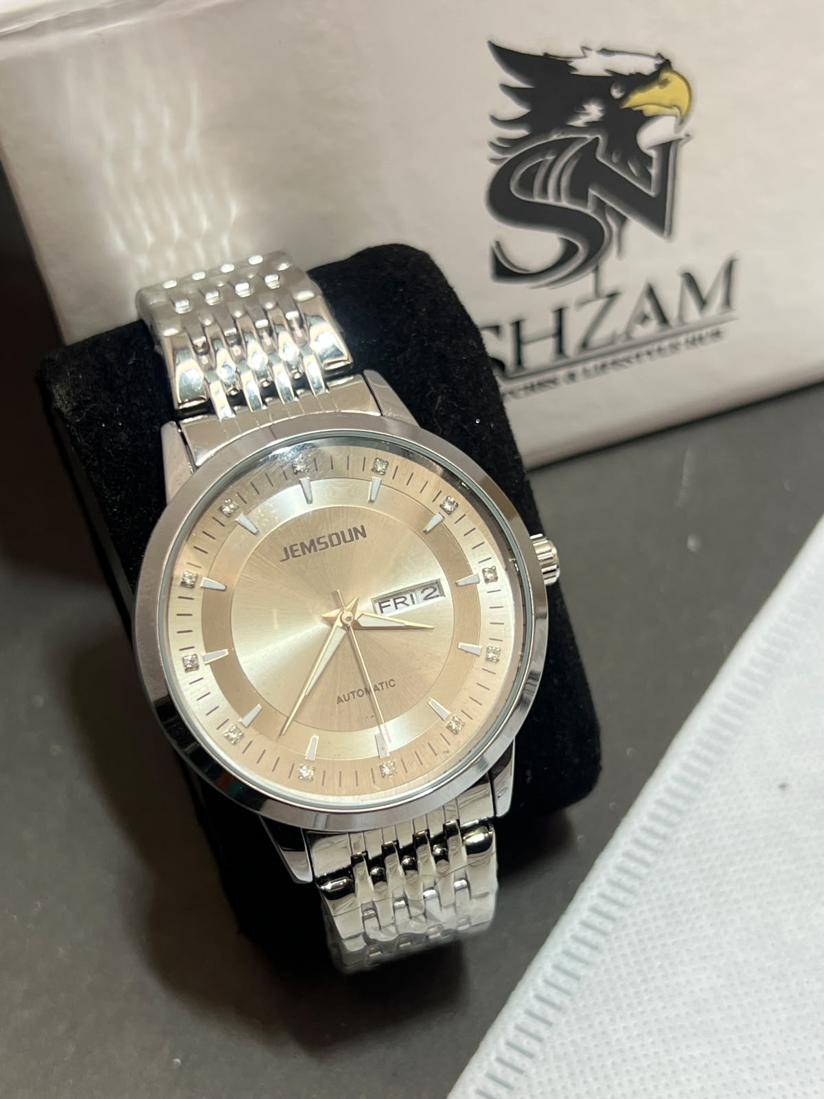 Jemsoun Automatic Champagne Dial with Diamond Indices and Day-Date in Shzam Box