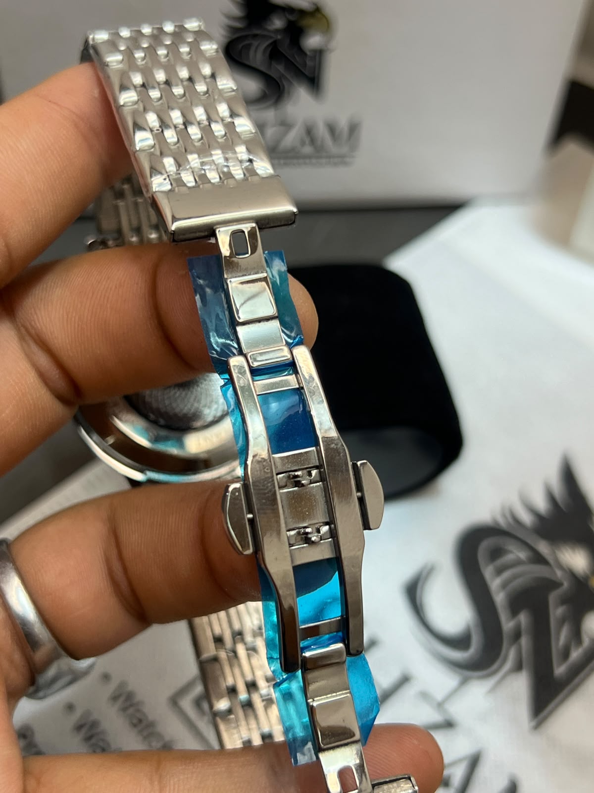Jemsoun Automatic Butterfly Deployment Clasp with Woven Silver Bracelet Detail