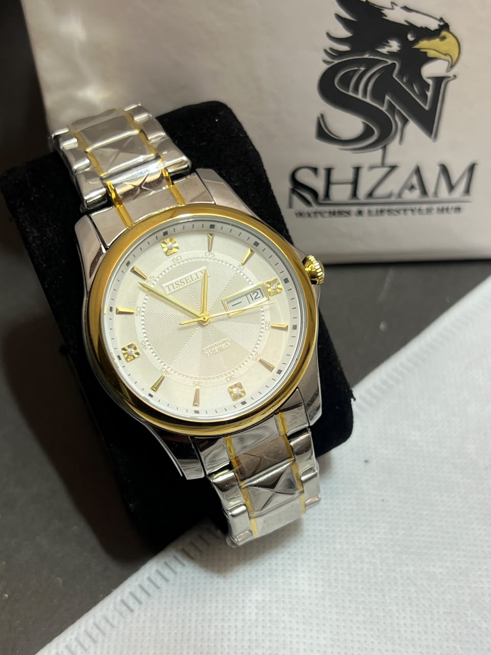 Tisselin Automatic White Guilloche Dial Diamond Indices Gold Bezel Day-Date on Shzam Display