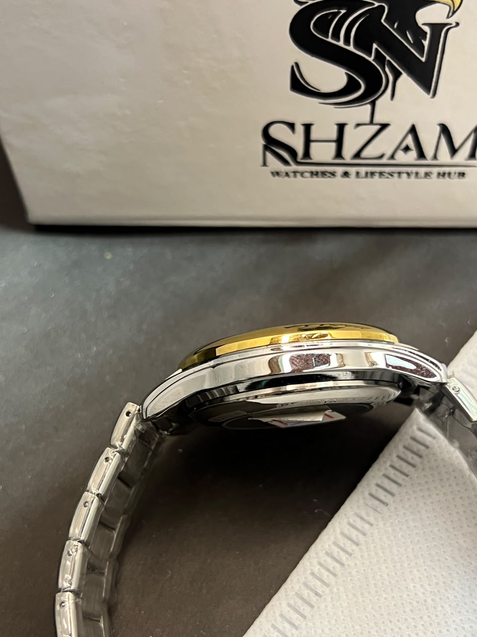 Tisselin Automatic White Guilloche Dial Diamond Indices Gold Bezel Day-Date on Shzam Display