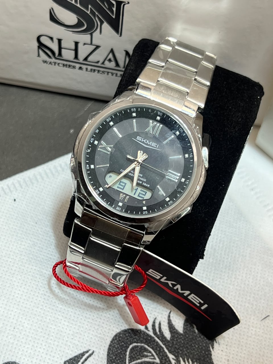 SKMEI 2459 Ana-Digi Black Dial Roman Numerals Diamond Markers with SKMEI Tag on Shzam Display