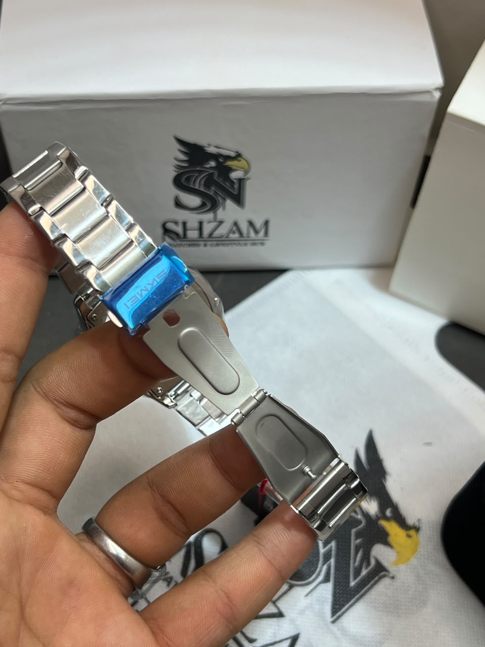 SKMEI 2459 Butterfly Deployment Clasp open with Blue SKMEI Logo and Shzam Box