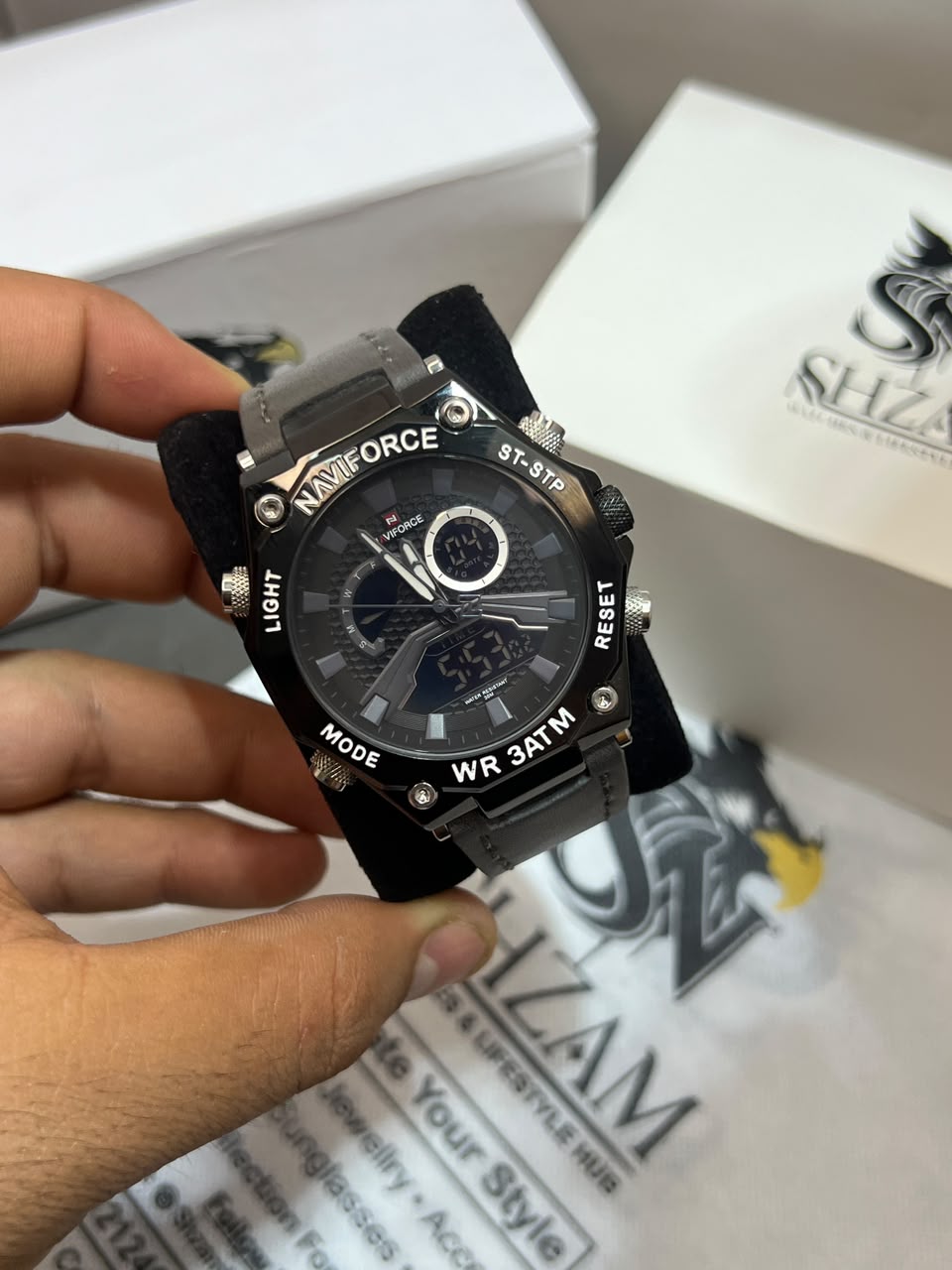 Naviforce NF9220 - Front Dial View Held in Hand with Shzam Box