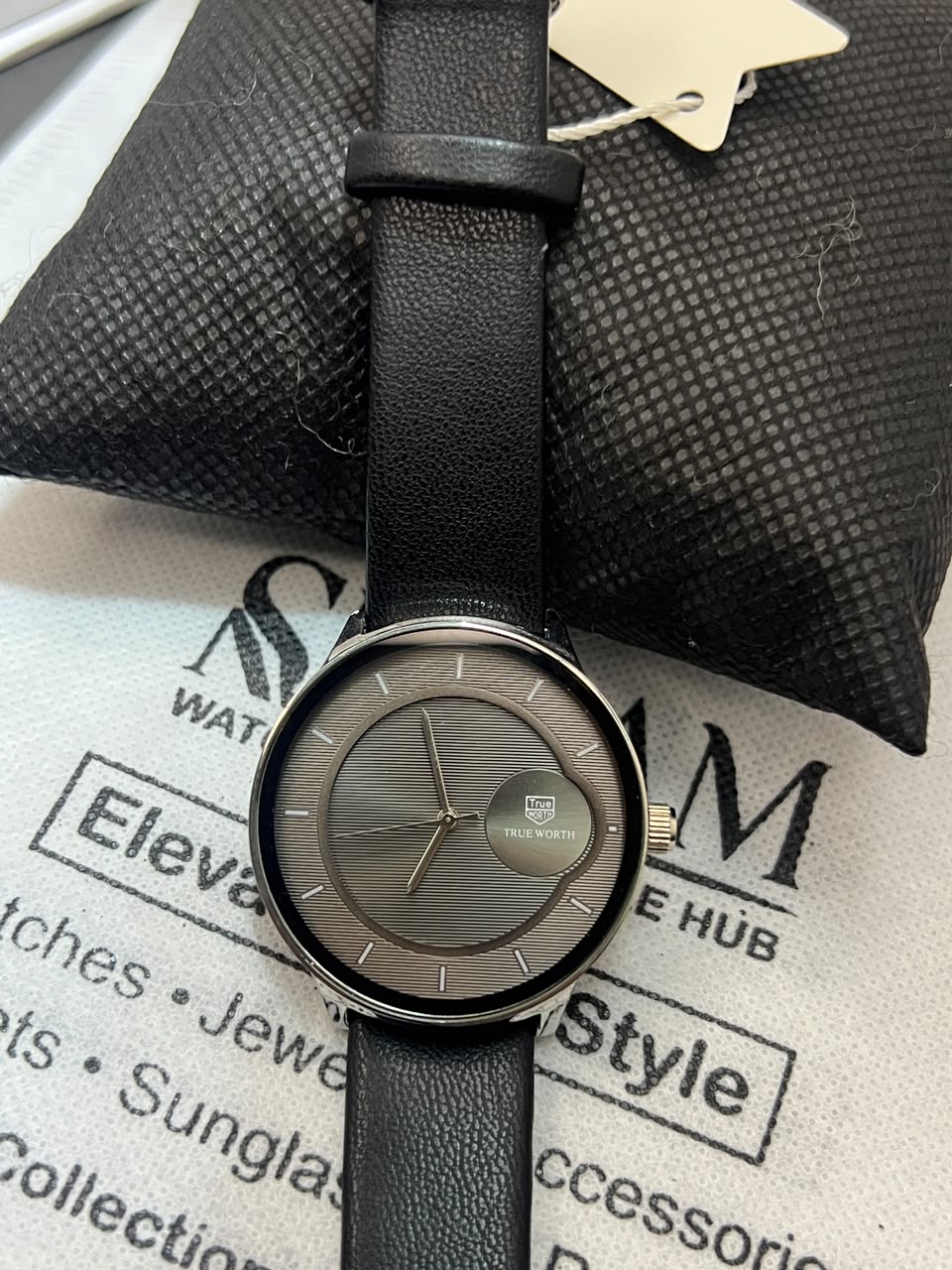 True Worth Minimalist - Gunmetal Grey Dial on Black Pillow Top View