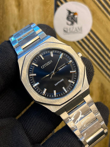 Citizen Sapphire Day-Date Silver - Front Dial View Hand Hold