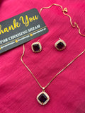Amethyst Purple Square Crystal Halo Necklace and Earrings Set on red fabric