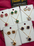 All 6 colors of Square Crystal Halo Necklace & Earrings Set displayed on cards with Shzam thank you card