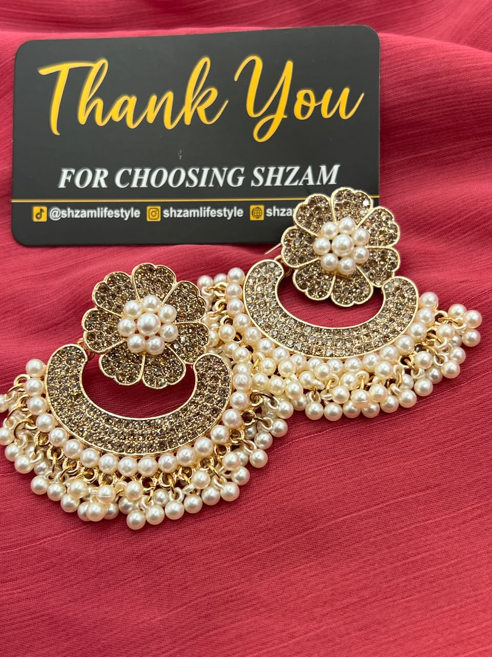 Pearl Chandbali Flower Earrings side angle showing full crescent hoop and pearl fringe detail