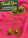 Antique Gold Jhumka Earrings with Chain and Tikka close-up showing dome and sunburst tikka detail