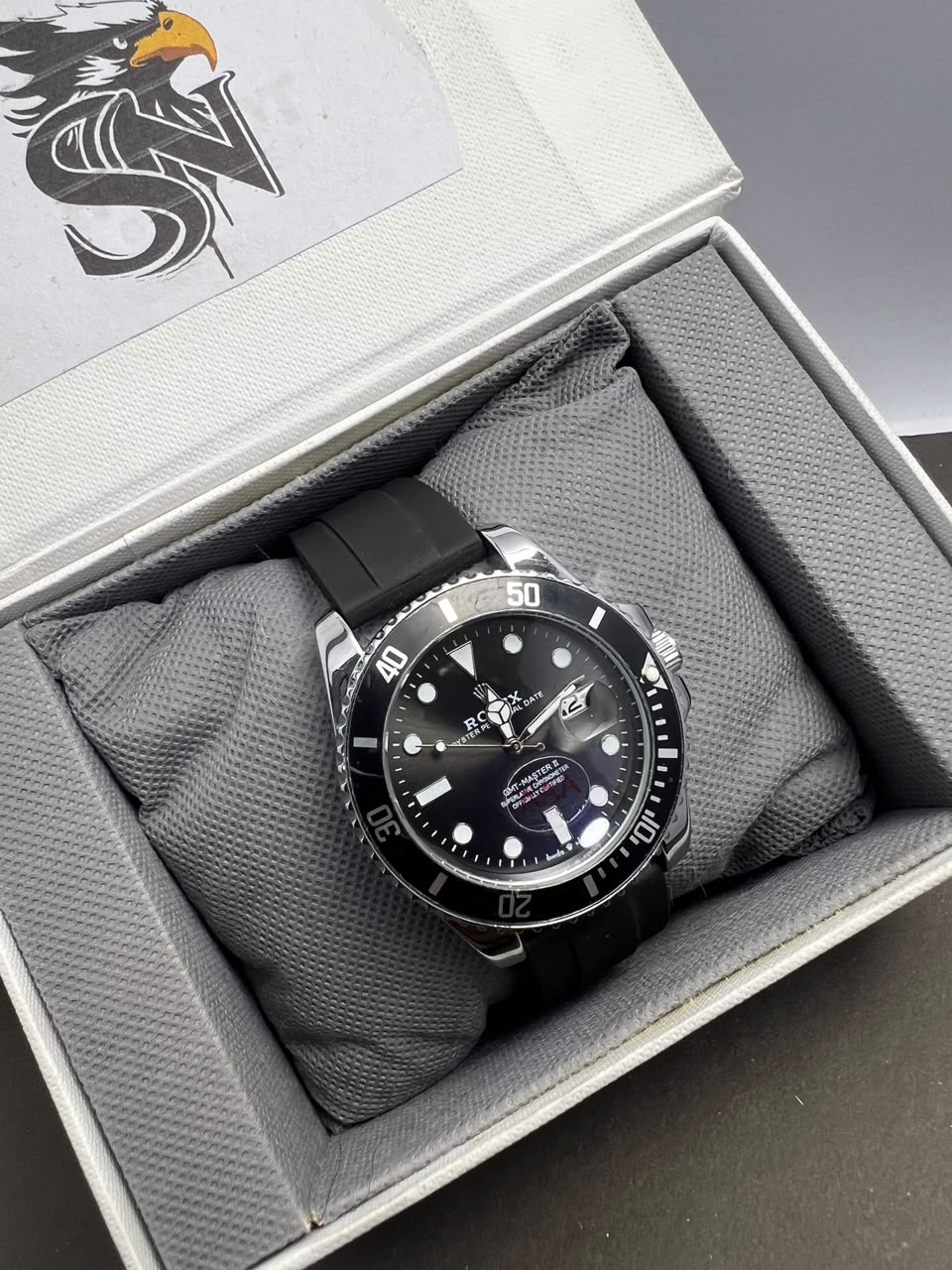 Silver Diver Watch - Full Watch in Open Shzam Luxury Box Top View Black Rubber Strap